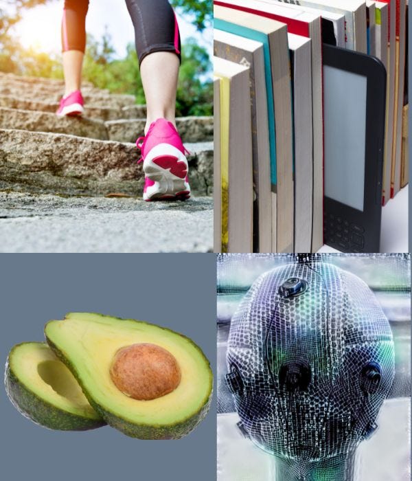 running up steps, books, avocado and robot