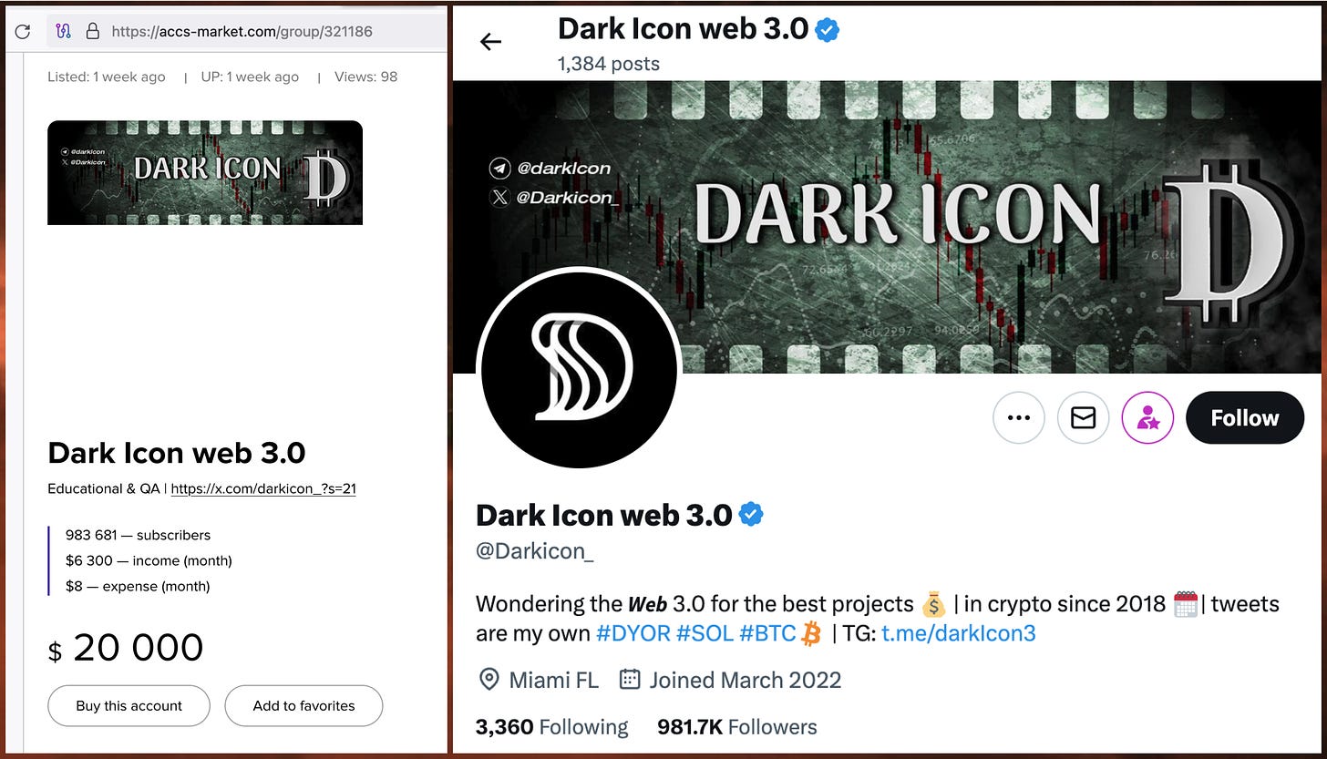 screenshot of an ad for @darkicon_ on accs-market.com and screenshot of the @darkicon_ X account's profile