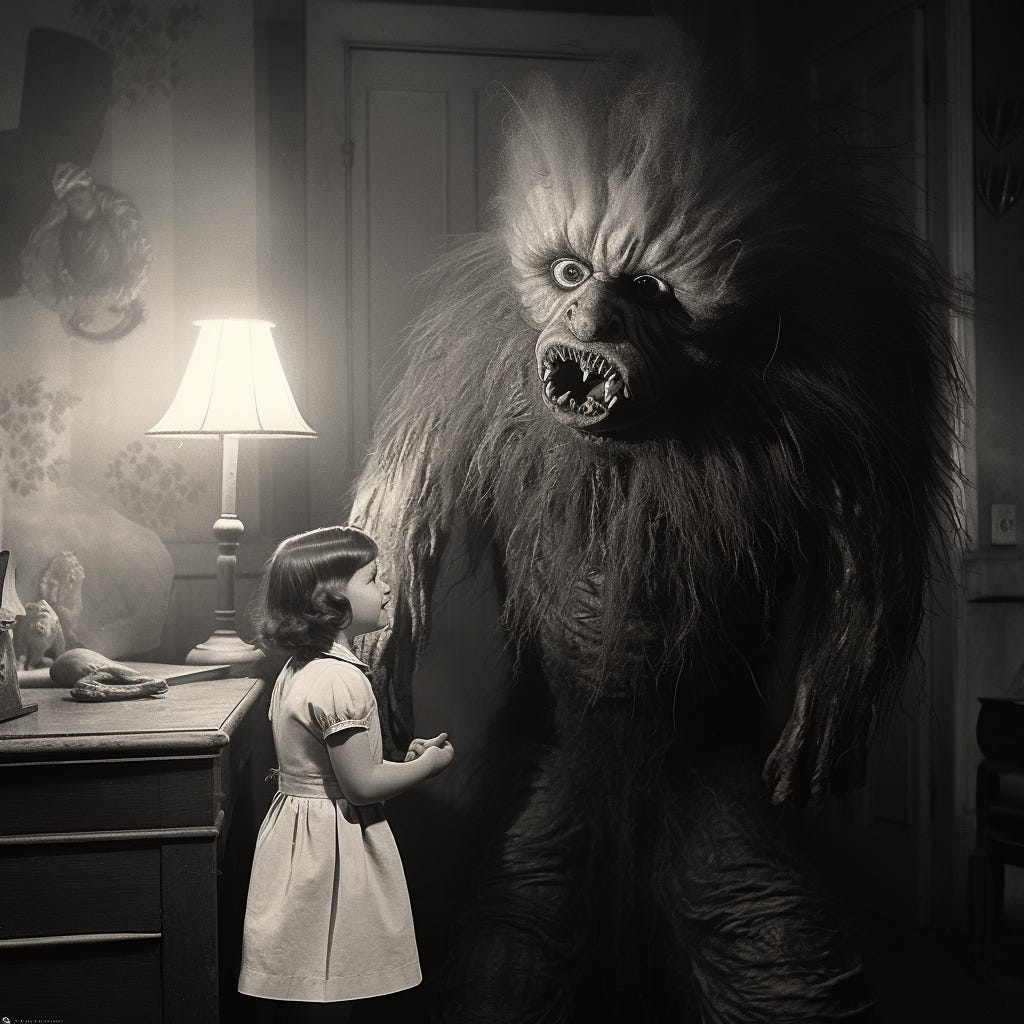 A little girl seeks the protection of her personal monster, a hairy thing with big eyes and teeth