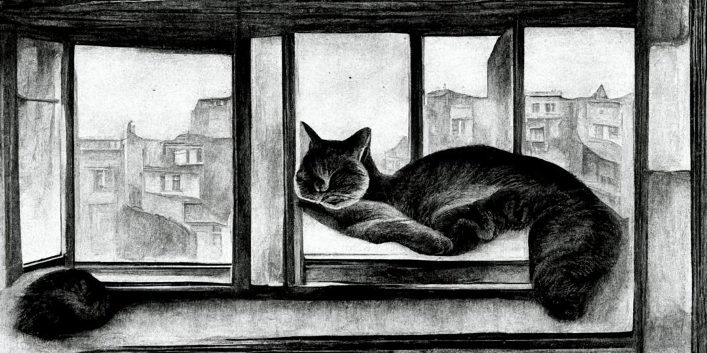 Imagem gerada por inteligência artificial: um gato preguiçosamente deitado na janela de um apartamento vendo o tempo passar.