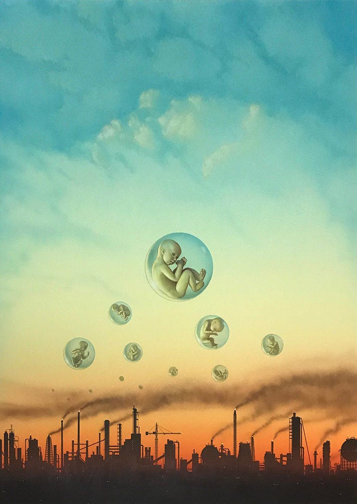 Smoke drifts left to right from stacks set low in the panel. Orange smog settles on an industrial silhouette that includes oil derricks, a construction crane, and globe-shaped storage tanks. The warm tone of the low sky gives way to a green and blue gradient of cloudy sky creating a warm/cool contrast. Spherical bubbles drift in the sky each containing a human baby.