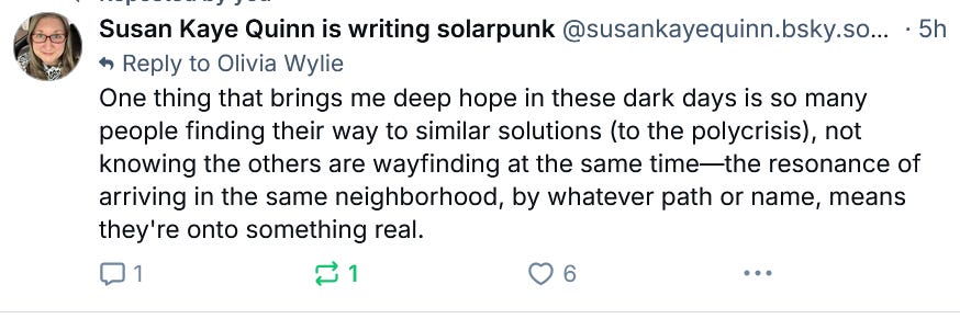 @susankayequinn.bsky.social‬ One thing that brings me deep hope in these dark days is so many people finding their way to similar solutions (to the polycrisis), not knowing the others are wayfinding at the same time—the resonance of arriving in the same neighborhood, by whatever path or name, means they're onto something real. January 16, 2025 at 12:51 PM