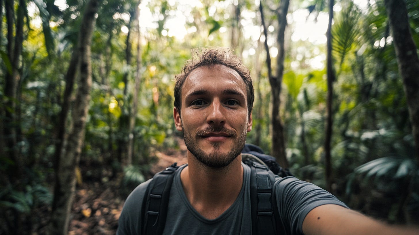 A man recording himself in the jungle.