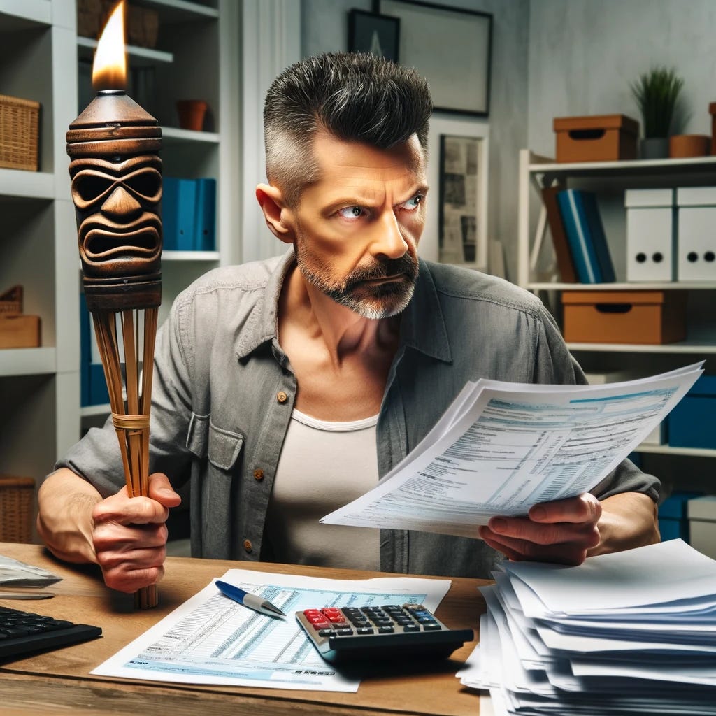 A middle-aged man with an undercut hairstyle is intensely focused on doing his taxes at a desk cluttered with papers, receipts, and a calculator. Uniquely, he holds a Tiki Torch in one hand, adding an unusual twist to the scene. The setting is a well-organized home office, with shelves and a computer. The man's expression is a mix of concentration and the peculiarity of holding a Tiki Torch while engaged in such a mundane task, blending the ordinary with the unexpected.