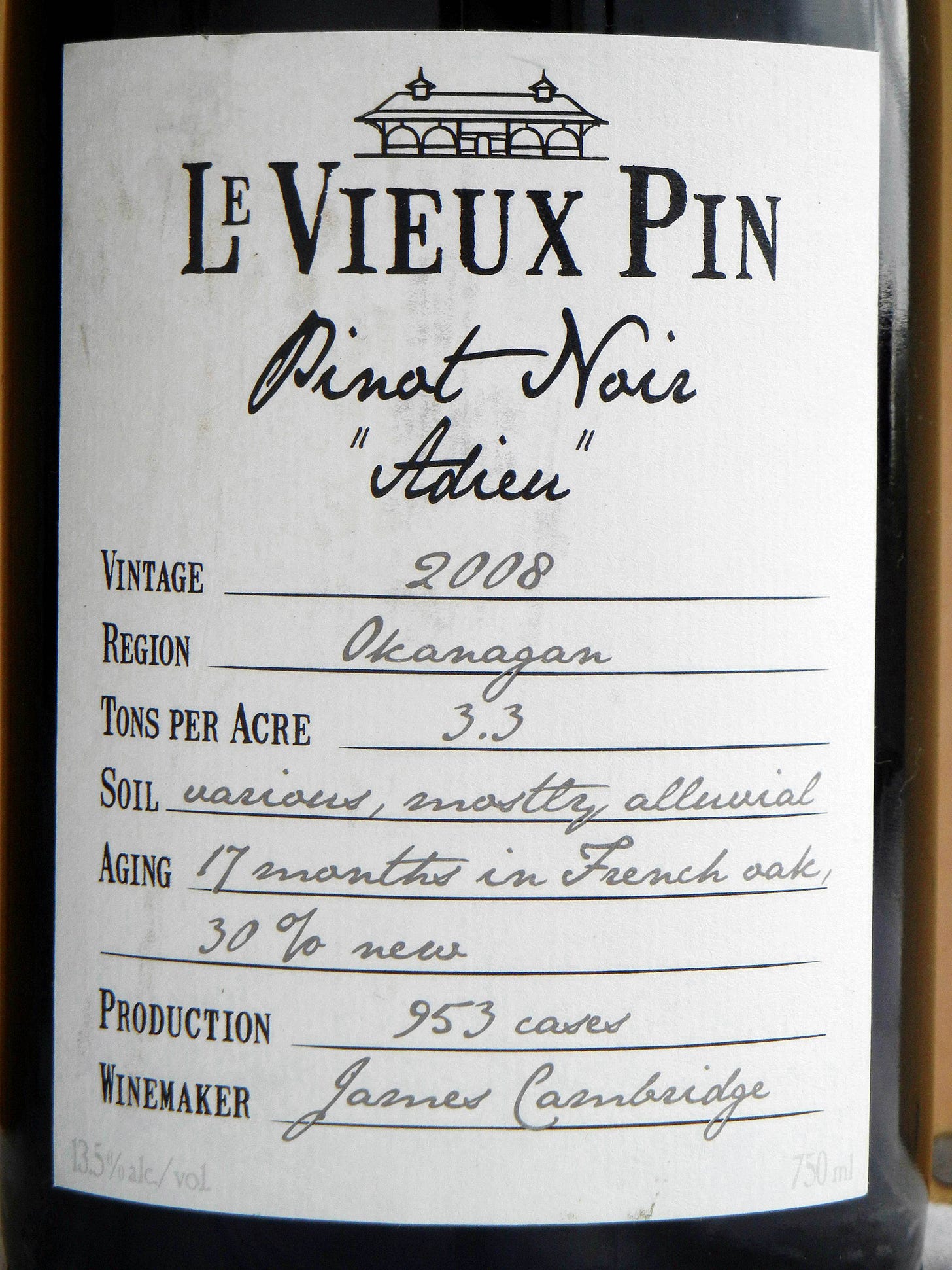 Le Vieux Pin Adieu Pinot Noir 2008 Label - BC Pinot Noir Tasting Review 16