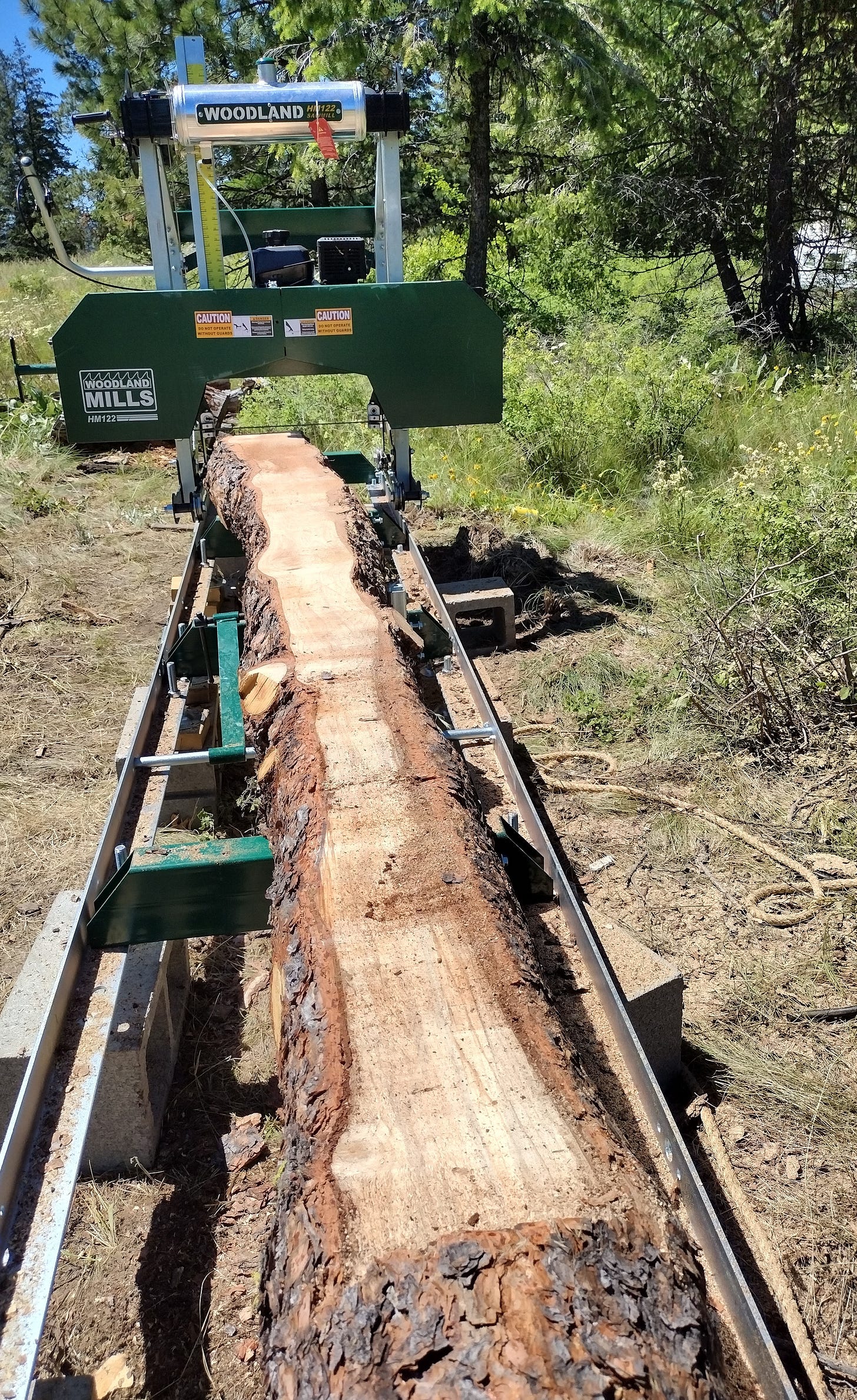 A partially sawn log on the mill