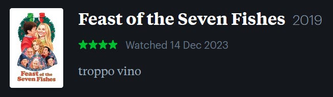 screenshot of LetterBoxd review of Feast of the Seven Fishes, watched December 14, 2023: troppo vino