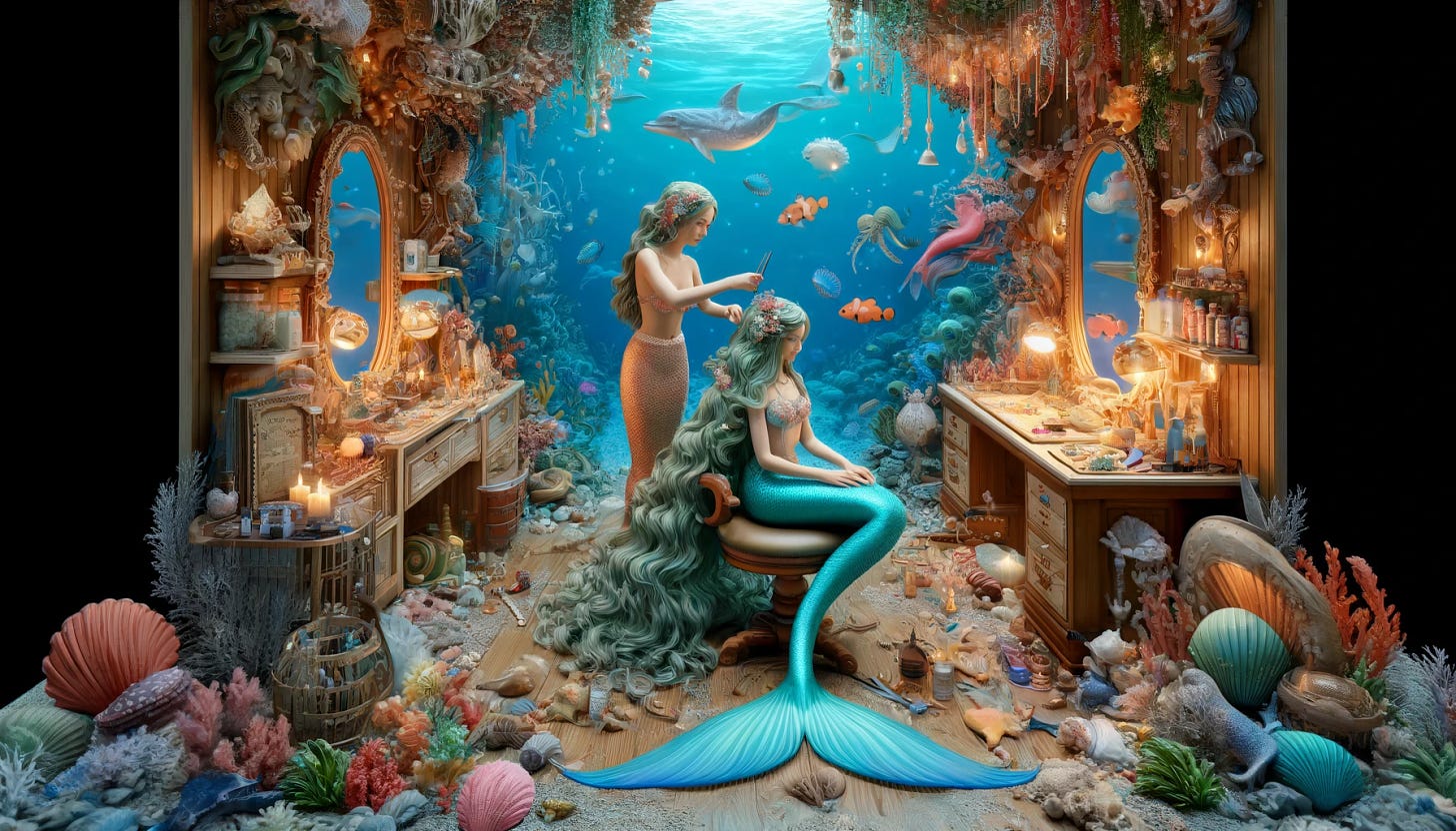 A detailed 3D rendering of an imaginary underwater world populated by mermaids. The scene features a hair salon with a mermaid hairdresser attending to a client mermaid. The salon is decorated with coral, seashells, and seaweed, creating an enchanting aquatic atmosphere. The mermaids have long, flowing hair, adorned with pearls and sea stars, and the hairdresser is using marine-themed tools. In the background, vibrant marine life like colorful fish and sea turtles swim around, adding to the magical ambiance.