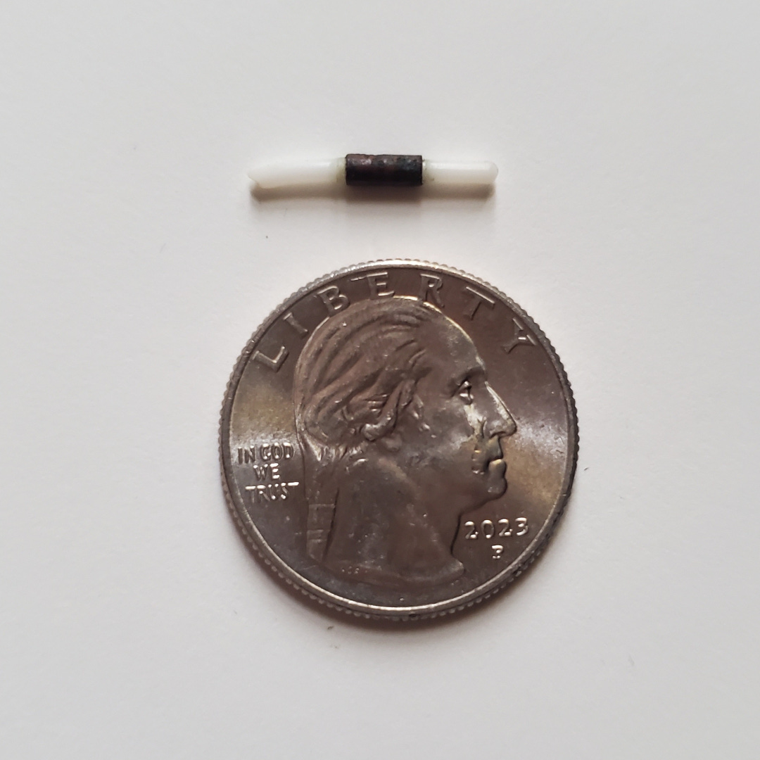 The broken piece of IUD above a quarter coin for scale