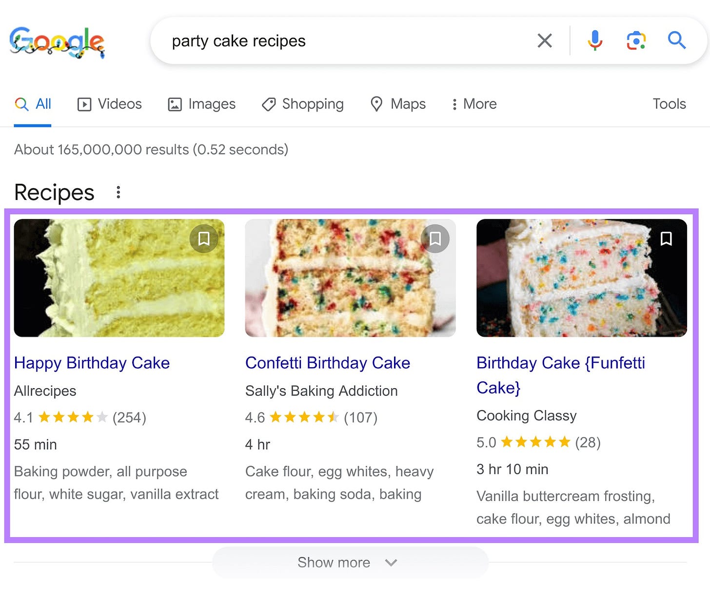 Google's rich results for party cake recipes including images, star rating, review count, cooking time, and recipe ingredients