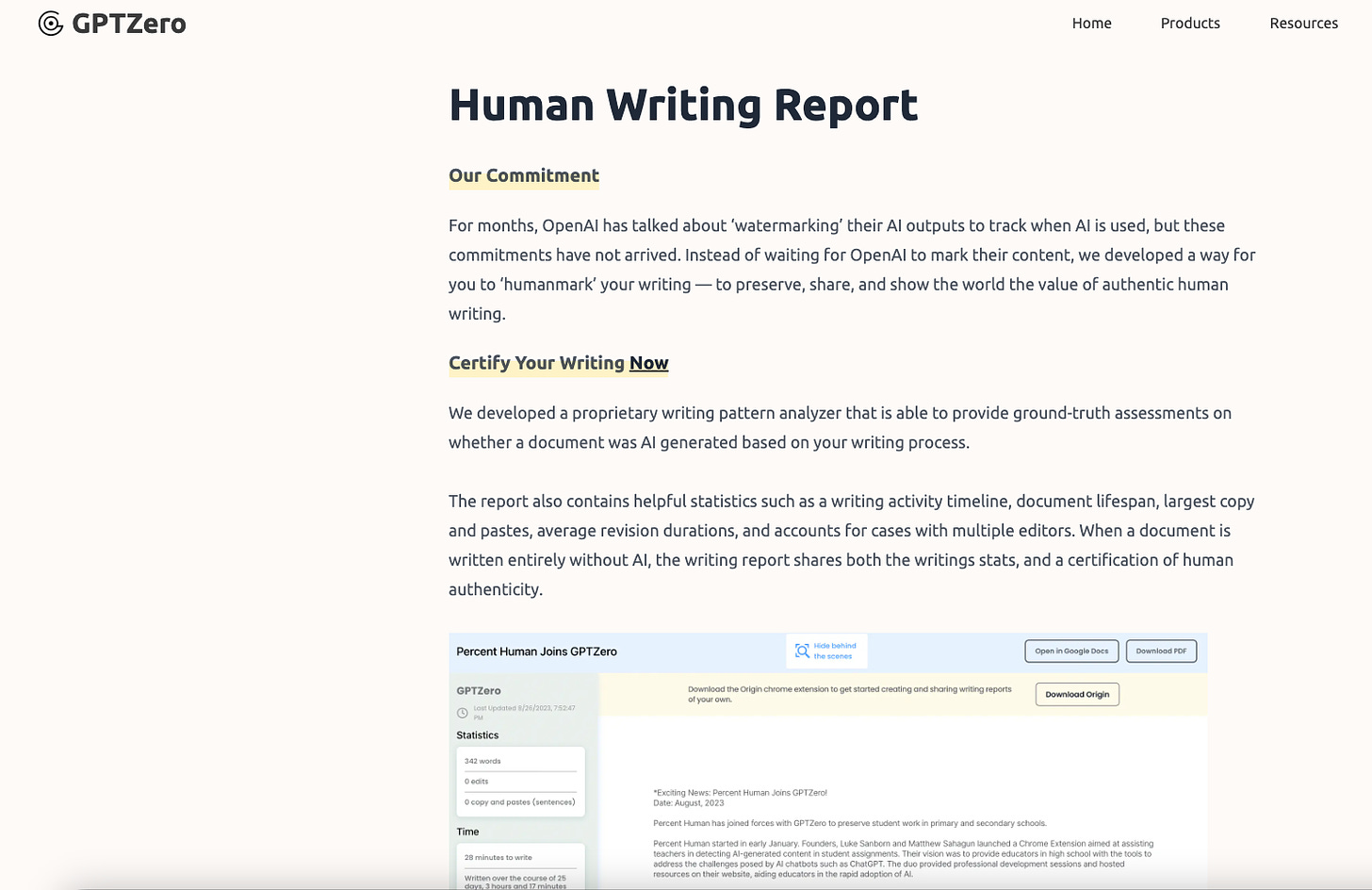 GPTZero's human Writing Report Screenshot