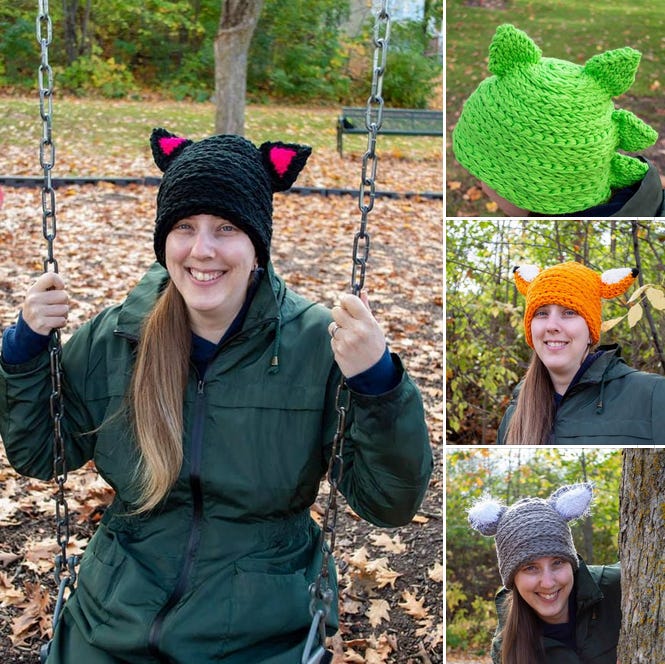 Image of knitted winter hats with cat, wolf, or fox ears, or dragons spikes.