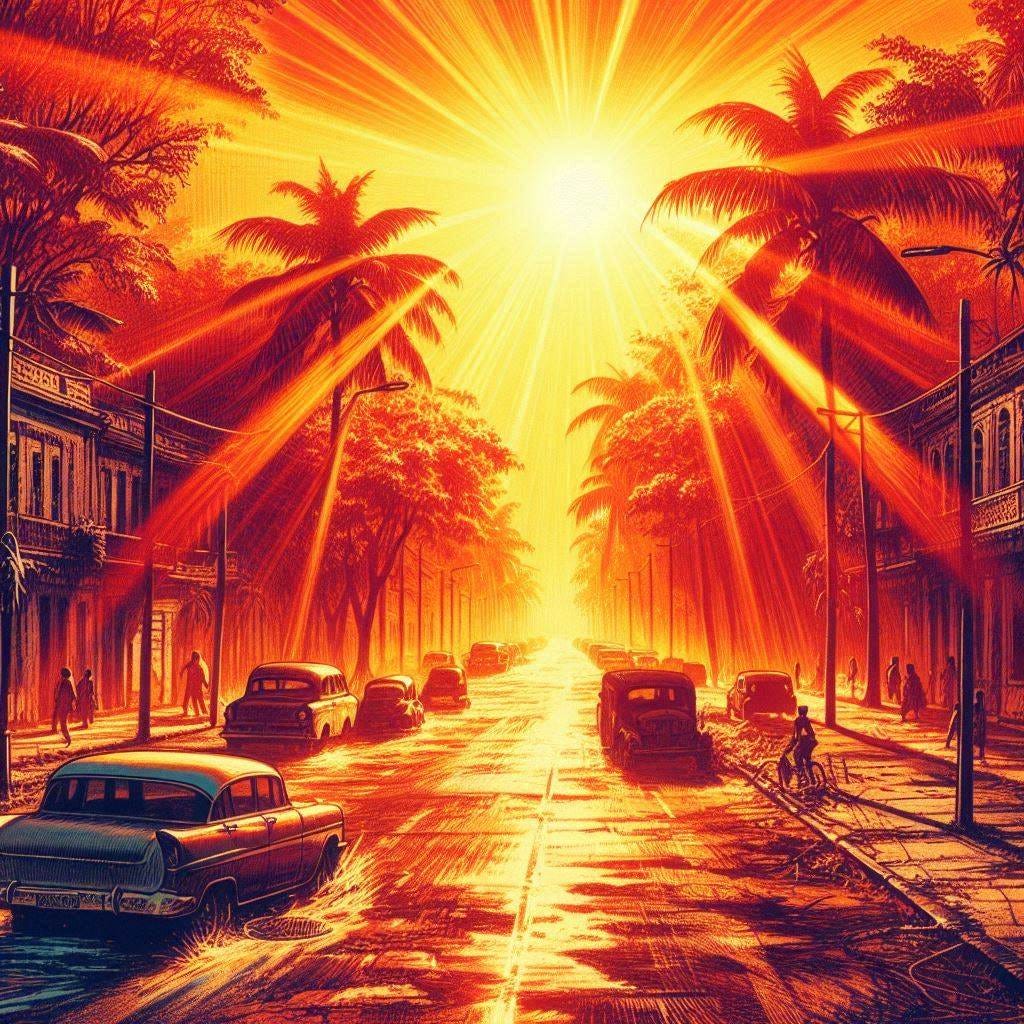 intense sunlight destroying a carribean street lined with trees, 60s sci-fi drawing