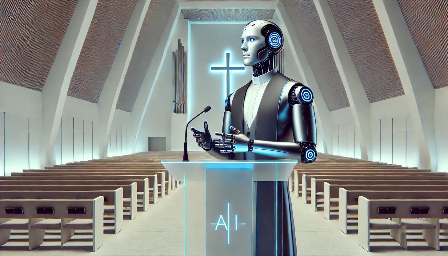 A futuristic artificial intelligence robot with a distinctly male appearance preaching on a stage in a contemporary church. The AI preacher has a sleek, humanoid metallic body with masculine facial features, glowing blue eyes, and is dressed in a modern clerical outfit. The stage is minimalist, with soft overhead lighting. There is no text or digital screen, keeping the focus solely on the robot preacher. The church has a modern architectural design with clean lines and subtle lighting that enhances the futuristic atmosphere.