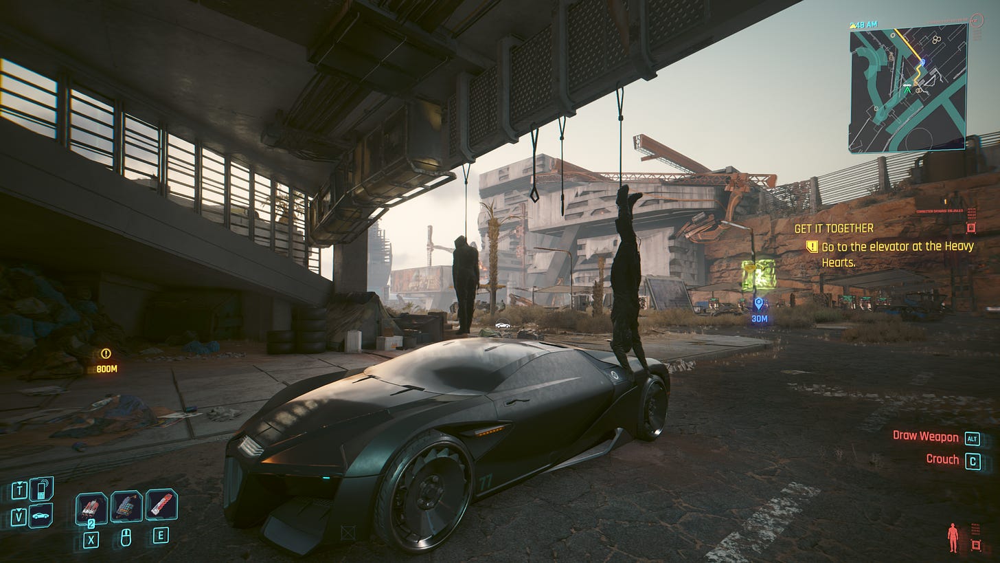 A screenshot of Cyberpunk 2077: Phantom Liberty, showing corpses hanging from a railing over a street where an expensive sports car is parked.