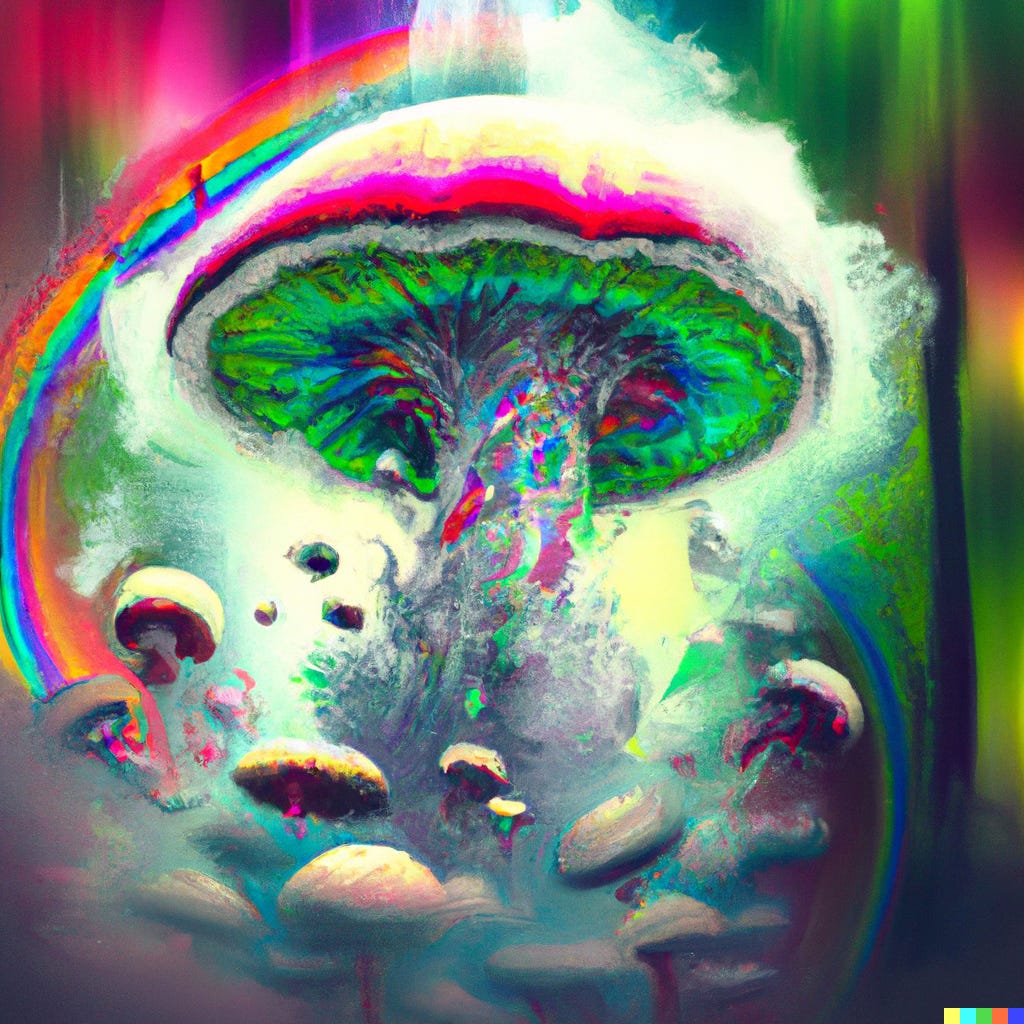 surrealist painting of a rainbow exploding mushroom digital art via Dall-E