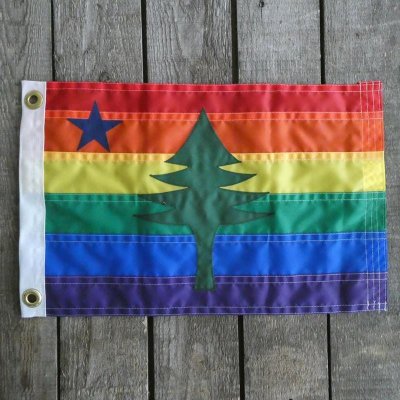 A rainbow flag with a pine tree and star, representing the state flag of Maine