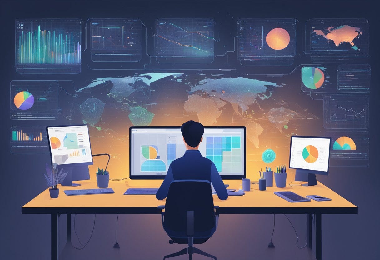 A person sitting at a desk, surrounded by various technological devices and tools, with AI algorithms and data visualizations projected on the wall