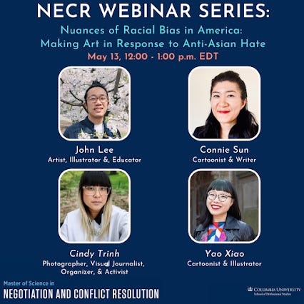 Online speaking event flyer for webinar event on racial bias and making art in response to hate