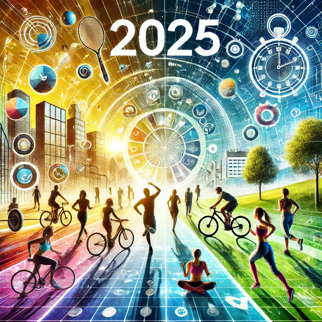 An inspirational image representing movement and exercise in 2025. The scene features diverse individuals engaging in various activities such as running, cycling, and yoga, set against a bright and energetic backdrop. Elements include a modern city park with trees and open spaces, vibrant colors like green, blue, and yellow symbolizing health and vitality, and subtle motivational symbols like a stopwatch or calendar for goal setting. The image should evoke positivity, determination, and community spirit.