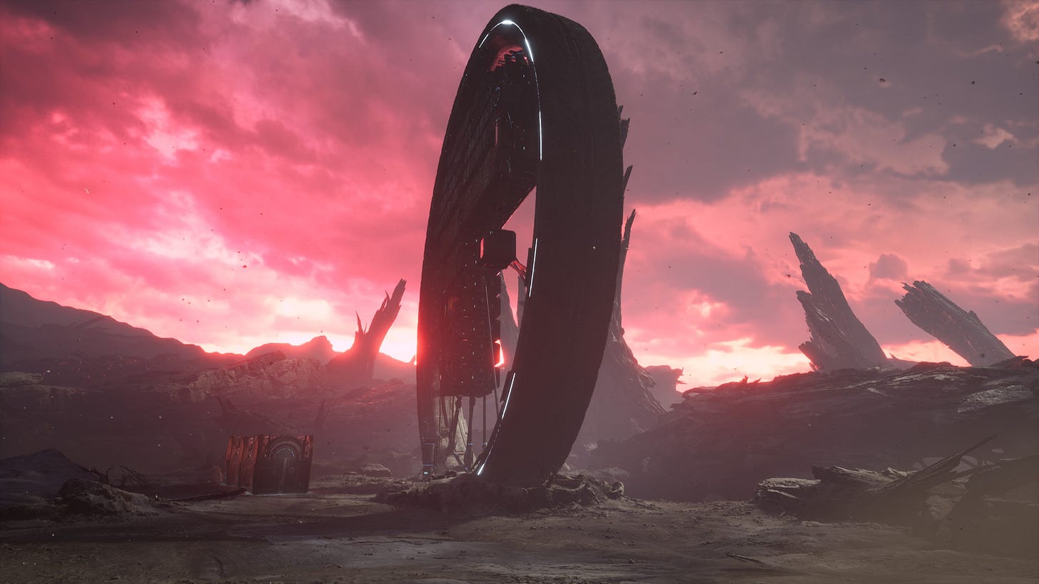 A screenshot of The Alters, showing the wheel base against a bright sunset, as the Rapidium Arks sit outside next to it.