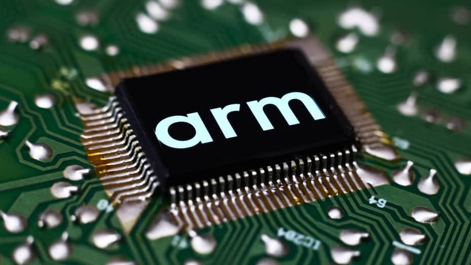 The logo of semiconductor design firm Arm on a chip.