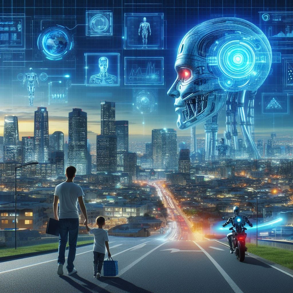 Una imagen futurista que ilustre la idea de Skynet de la película Terminator II, mostrando un mundo donde la inteligencia artificial avanzada es una realidad cotidiana