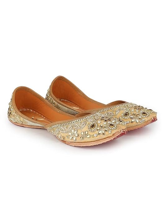 The Desi Dulhan Women Golden Ethnic Embroidered Jutti with Leather Sole-DD1534