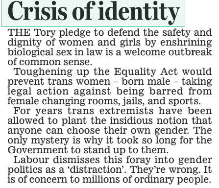 Crisis of identity Daily Mail4 Jun 2024 THE Tory pledge to defend the safety and dignity of women and girls by enshrining biological sex in law is a welcome outbreak of common sense.  Toughening up the Equality act would prevent trans women – born male – taking legal action against being barred from female changing rooms, jails, and sports.  For years trans extremists have been allowed to plant the insidious notion that anyone can choose their own gender. The only mystery is why it took so long for the Government to stand up to them.  Labour dismisses this foray into gender politics as a ‘distraction’. They’re wrong. It is of concern to millions of ordinary people.  Article Name:Crisis of identity Publication:Daily Mail Start Page:18 End Page:18