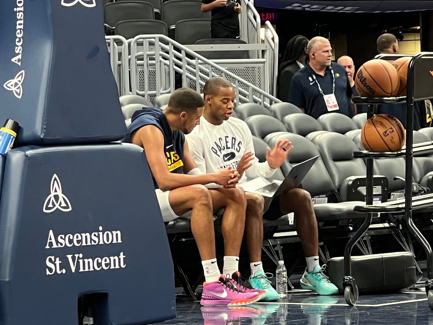 Tyrese Haliburton watches film with Ronald Nored before each game.