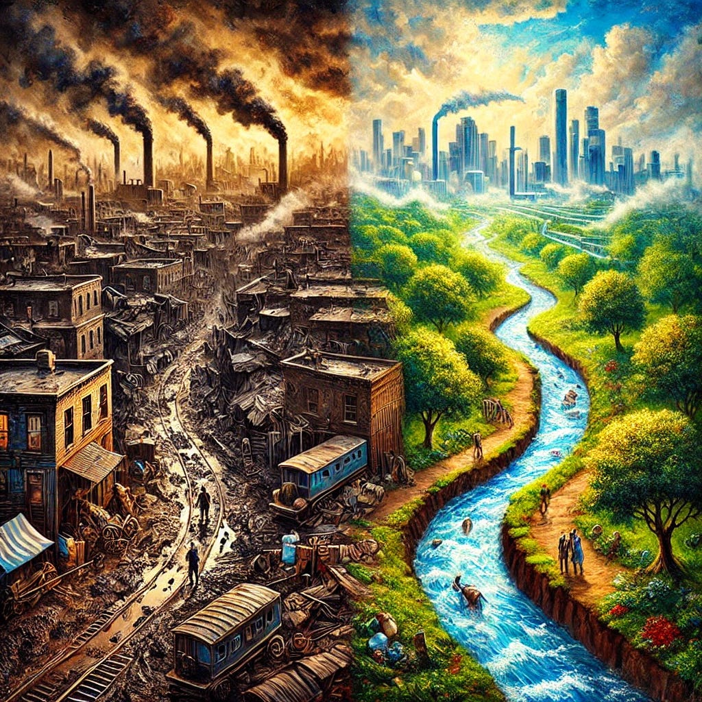 A vibrant oil painting of a 19th-century urban landscape, with a dramatic contrast between polluted, overcrowded streets on one side and clean, modernized infrastructure on the other. The left side shows dark, earthy tones with cramped, rundown buildings, muddy roads, and smoky skies representing poor sanitation conditions. The right side features cleaner streets, flowing sewage systems, and newly planted trees in cool greens and blues, symbolizing improved hygiene and health. The scene is rich with expressive brushstrokes and bold colors, emphasizing the transformative impact of sanitation on public health.