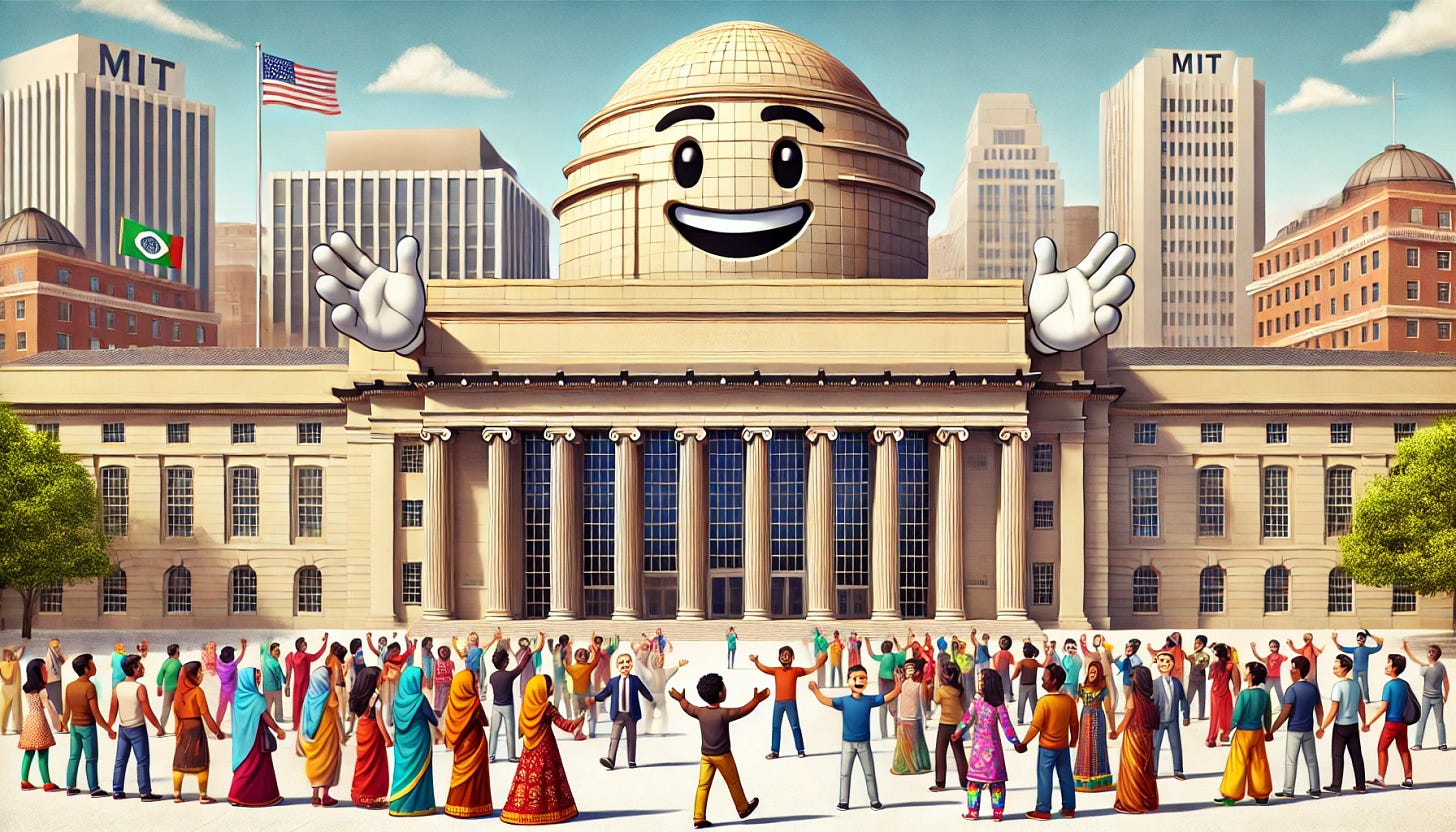 A grand and majestic building of the Massachusetts Institute of Technology (MIT) depicted as an anthropomorphic structure, standing with its arms wide open, warmly welcoming international students. The building has friendly facial features, including smiling eyes and a big welcoming smile. Around the building, diverse students with varied skin tones and outfits from various countries, dressed in traditional attire, are approaching the building with excitement. The background showcases the iconic architecture of MIT and a bright, sunny day, symbolizing a warm and inviting atmosphere.