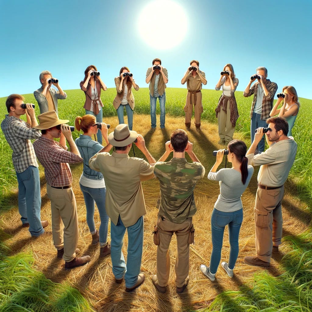 A humorous scene where a group of people are standing in a circle, each person holding binoculars and looking at the person directly across from them through the lenses. They are in an open grassy field under a bright blue sky, adding to the absurdity of the situation. Their expressions range from curiosity to mild confusion, highlighting the comedy of the situation. The people are dressed in casual outdoor attire, suitable for a day out in the park, and the sun is shining brightly, casting soft shadows on the ground.