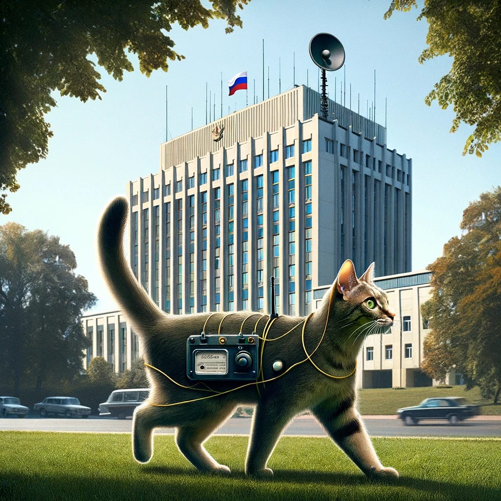 Illustrate an image of a cat spy, part of 'Operation Acoustic Kitty,' wandering through a park near the Soviet embassy. The cat should be depicted with a discreetly integrated surveillance microphone and radio transmitter, with the antenna subtly extending towards its tail. The environment should capture the essence of a secretive mission, with the cat moving stealthily, blending into its surroundings. The Soviet embassy in the background should hint at the high-stakes espionage task the cat is undertaking, with the building appearing imposing and secretive. This scene should reflect the intriguing yet precarious nature of using animals in espionage activities.