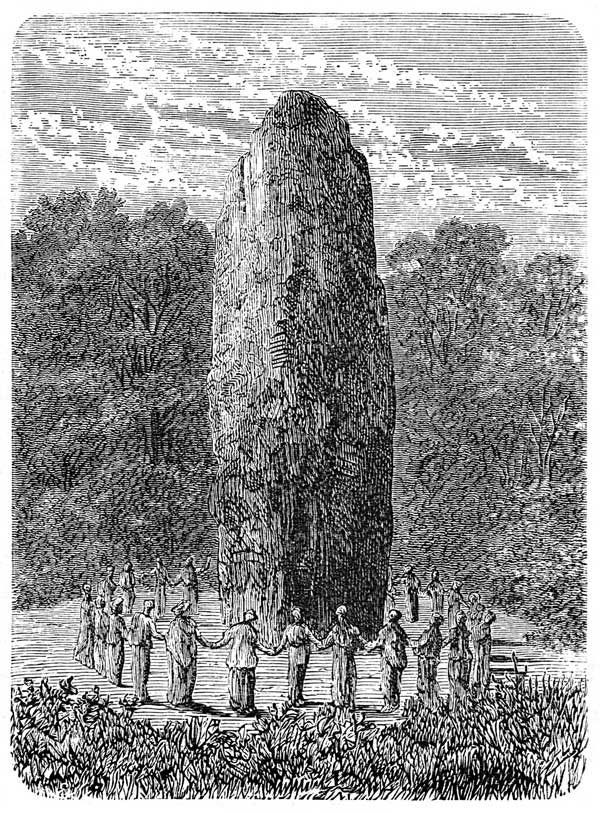 This may contain: people standing around a large rock in the middle of a field, vintage line drawing or engraving illustration