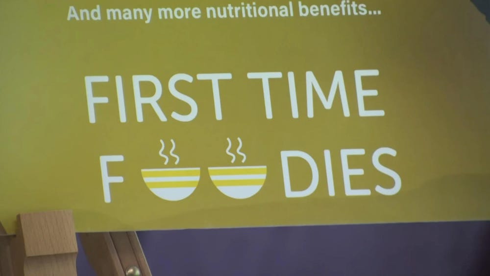 A task from the apprentice where someone has designed a logo which is supposed to say first time foodies but because of the design it says first time F dies