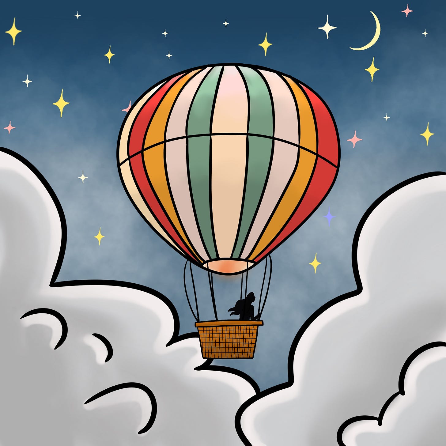 Illustration of hot air balloon floating through the clouds with night sky in background, and silhouette of woman looking into distance.