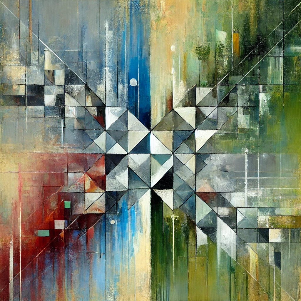 An abstract painting representing the gradual erosion of democracy. The composition features fragmented geometric shapes in contrasting colors, symbolizing polarization and institutional breakdown. The central focal point is a delicate balance of elements, evoking instability. The background consists of muted greens and blues, creating a somber yet thought-provoking atmosphere. Visible brushstrokes add texture, reinforcing the theme of disruption and transformation.