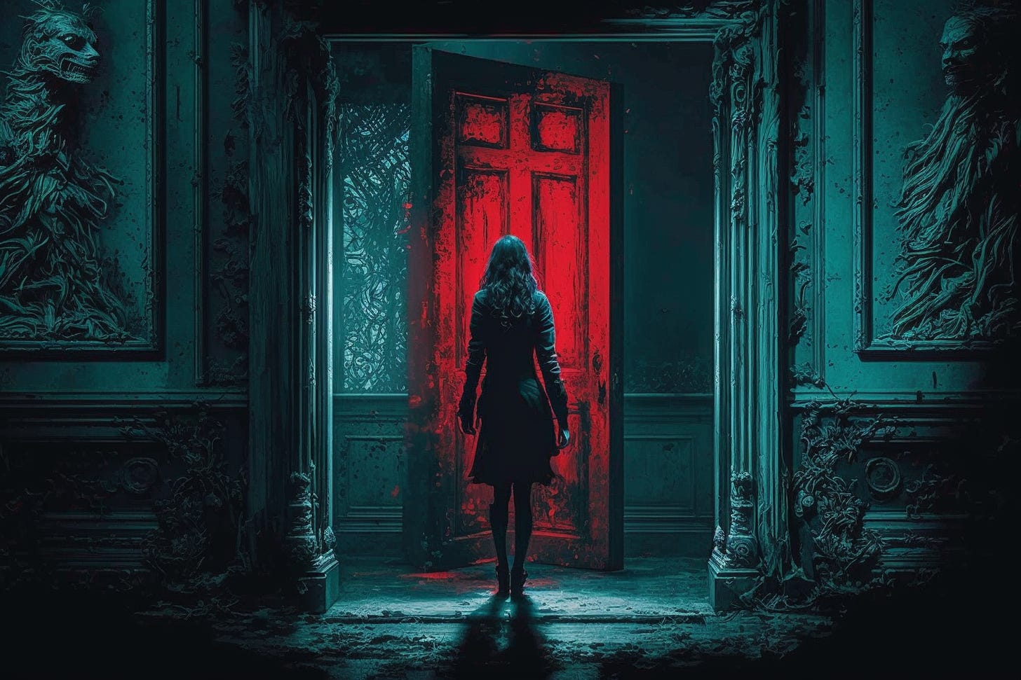 A young woman stands in front a red door, it’s difficult to tell from the shot if she’s the dangerous one or what is behind the door.