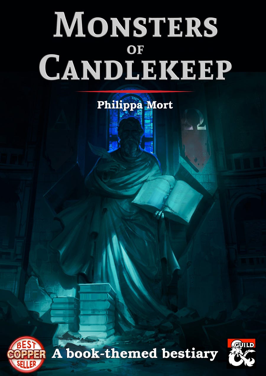 Cover of Monsters of Candlekeep which shows the statue of a man holding a large book.