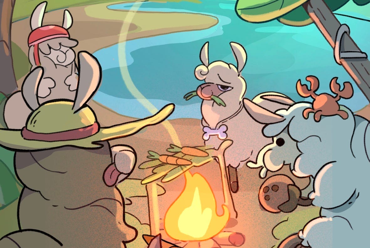 Llamas sitting around a beach campfire on a tropical island, as if they're on an episode of Survivor