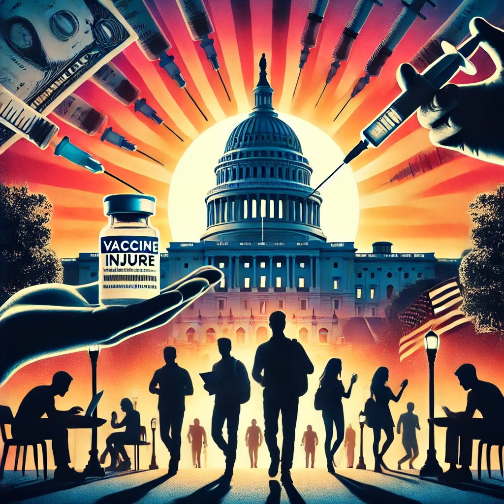 A visually striking image representing vaccine injury debates in higher education. The composition shows a college campus at sunset, with silhouettes of students holding medical bills and vaccine syringes in hand, symbolizing the burden of medical costs. A prominent U.S. Capitol building looms in the background to signify federal involvement, with a bold contrast of light and shadows to evoke urgency and concern.