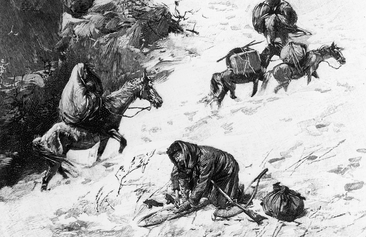 An illustration depicting the desperate journey of the Donner party.