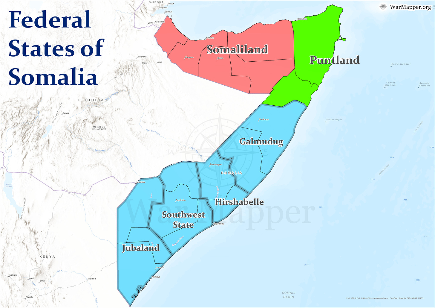 A map showing the federal states of somalia.