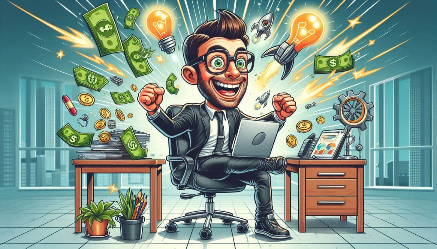 Ilustración caricaturesca, hiperdetallada y al estilo satírica, de un exitoso empresario ejecutivo en una pequeña oficina, usando alegremente ChatGPT en una laptop futurista. A su alrededor, flotan elementos visuales simbólicos: dinero volando, bombillas encendidas (ideas), engranajes en movimiento (automatización) y un cohete despegando (éxito). El personaje luce enérgico y visionario, vestido con un atuendo de negocios moderno y rasgos expresivos. 