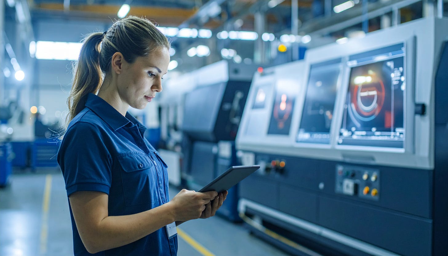 A woman stands in a manufacturing facility, using a tablet while standing near several machines
