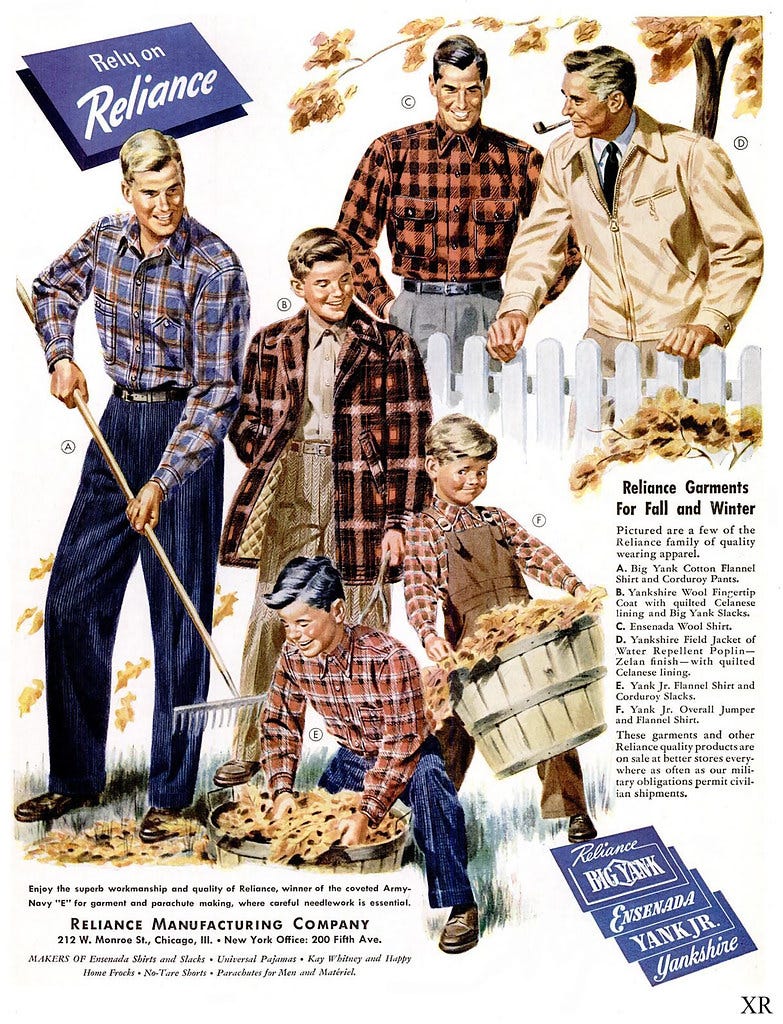 An old advertisement. It shows a bunch of manly white men, in manly flannel, manfully raking leaves.