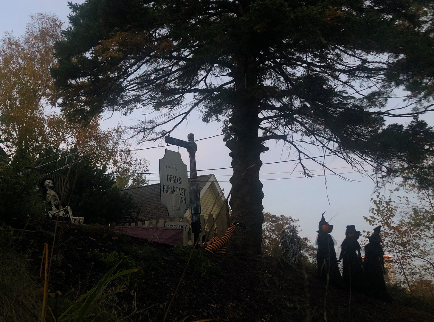 An eerie amber glow from the three faceless witches at the "Dead and Breakfast Inn" next door...