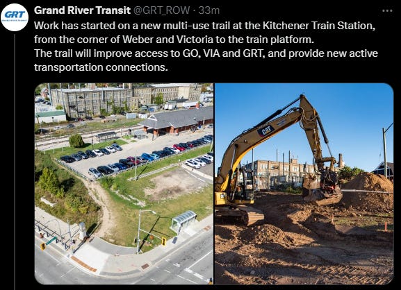 Twitter post from GRT announcing that work has begun on creating a trail from the corner of Weber and Victoria up to the train platform.