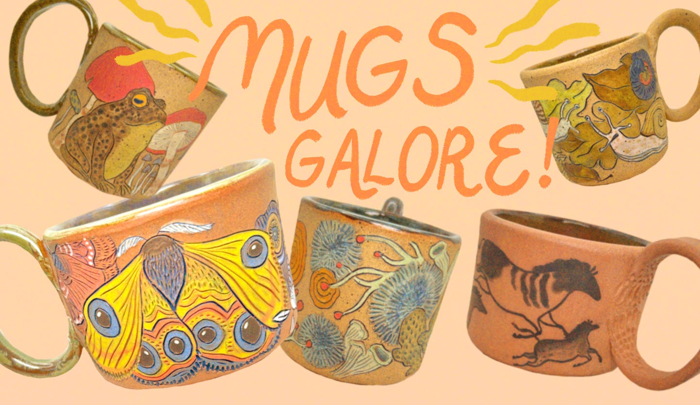 Image with five mugs with elaborate illustrations on them, text says MUGS GALORE!